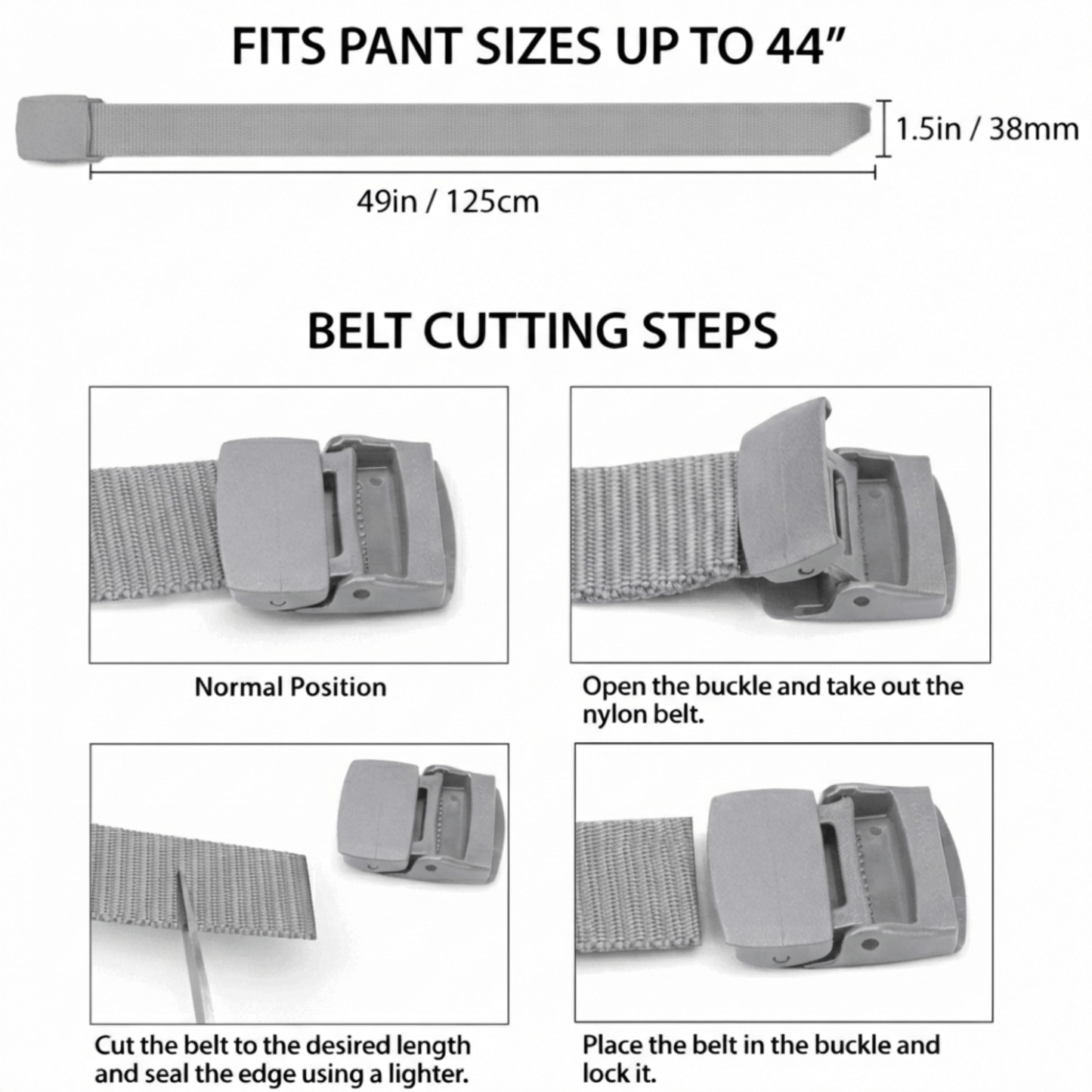 Adjustable nylon belt, light grey webbing shown laid flat with buckle end visible.