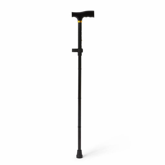 Black folding T-handle cane with curved grip and rubber tip