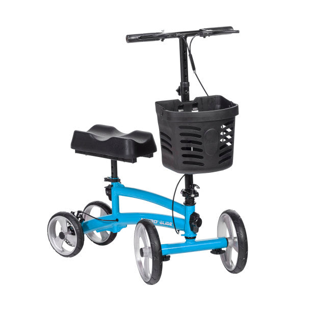 Blue knee scooter with padded black seat, front basket, and large wheel set