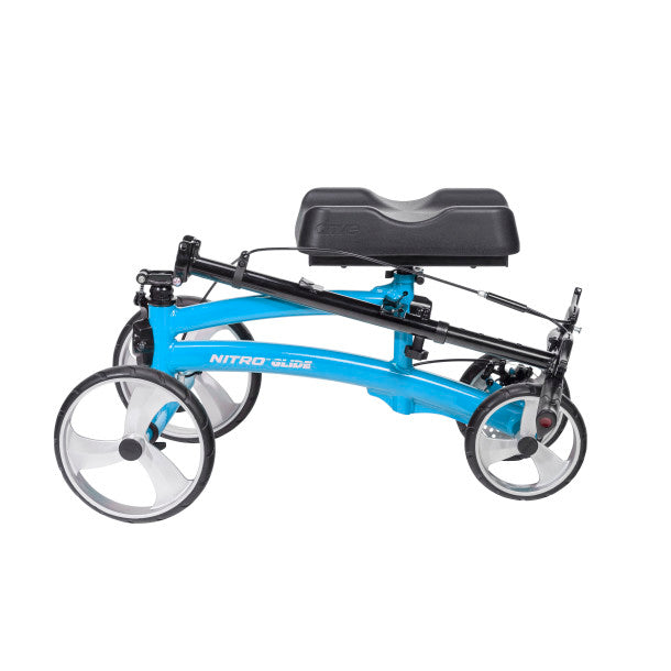 Blue knee scooter with black handlebar and padded seat, side view