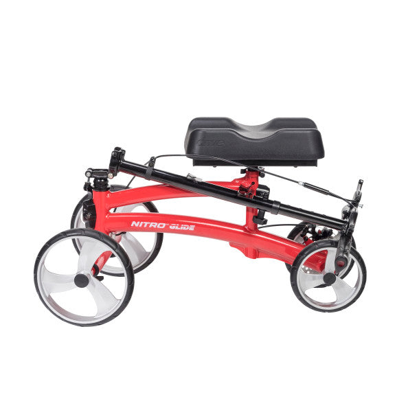 Red knee walker scooter crutch alternative with black knee platform and hand controls