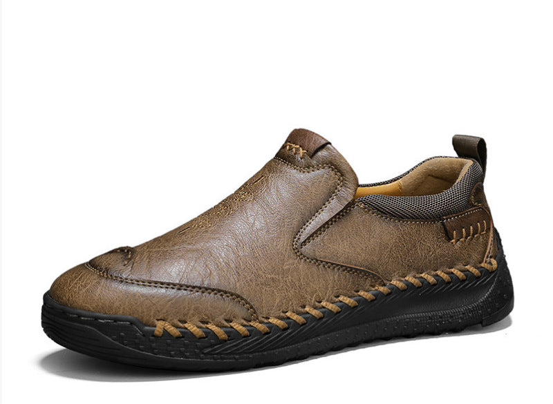 Men's casual shoes, khaki leather lace-up with side gore and grippy rubber outsole