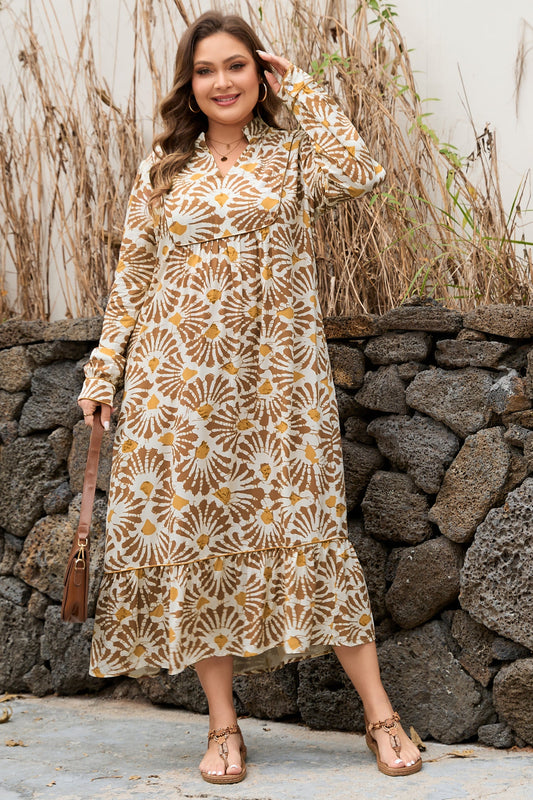 Plus size long sleeve loose dress in khaki with gold flower swirl print