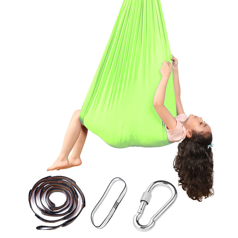 Sensory hammock swing chair in neon green fabric with hanging rope and carabiners