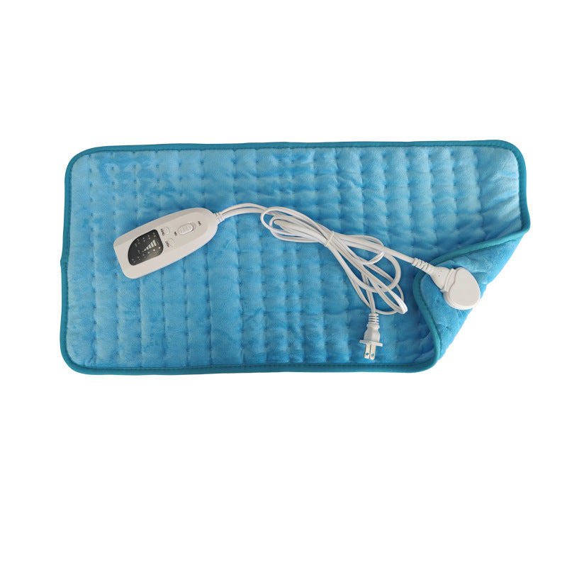Electric heating blanket pad, blue quilted fabric with controller and power cord