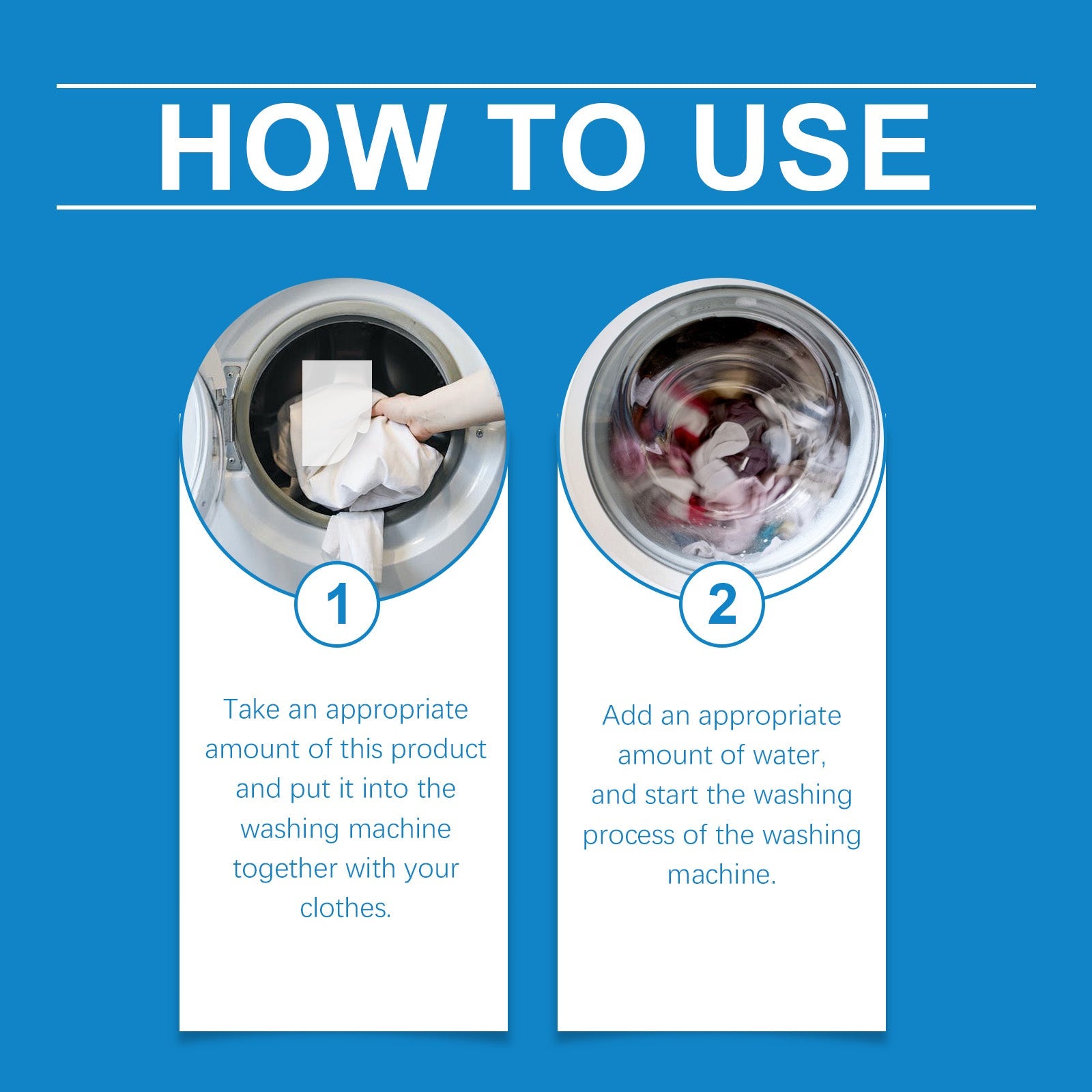 Laundry detergent sheets how-to-use panel with washing machine step graphics