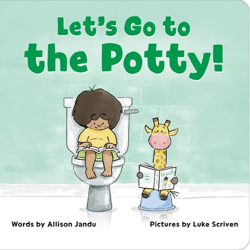 Potty training board book cover with child on toilet and cartoon animal holding book
