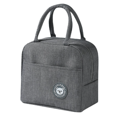 Grey lunch cooler bag with two top handles and round bear logo patch