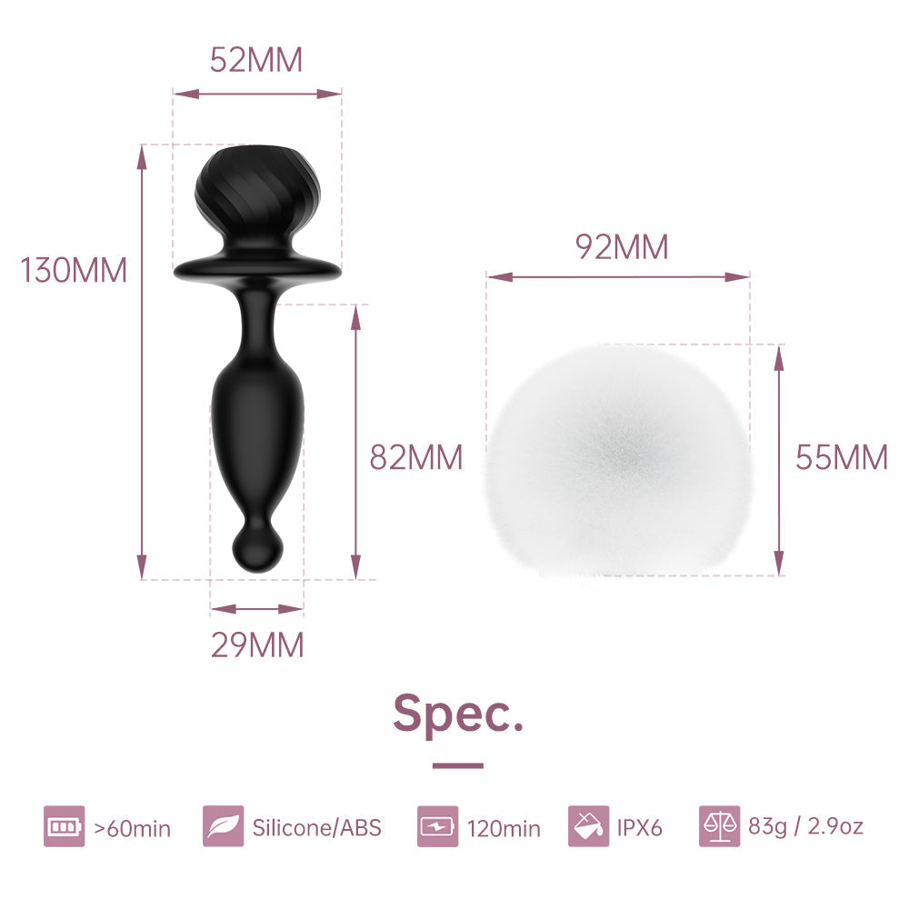 Black silicone bunny tail toy with white fuzzy cover, size diagram shown