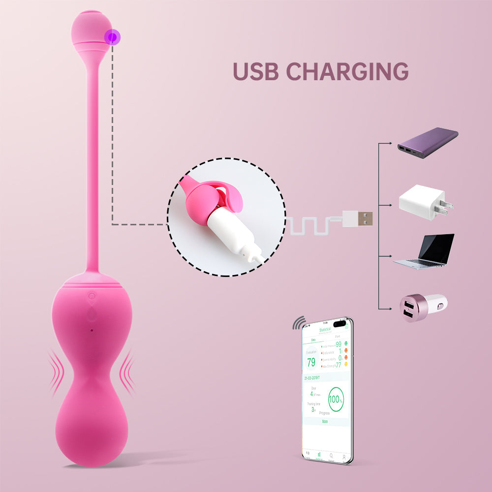 Pink pelvic floor trainer with curved handle and loop grip, USB charging shown