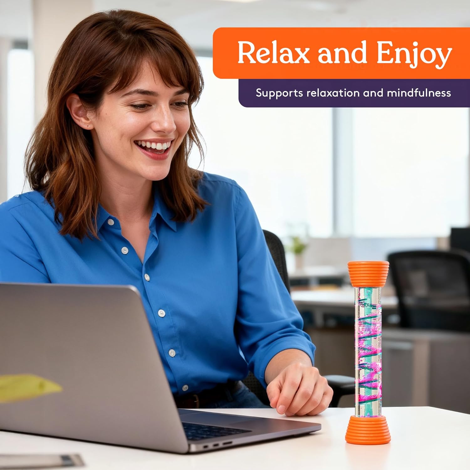 Orange liquid motion hourglass tube with textured silicone cap and multicolor glitter center