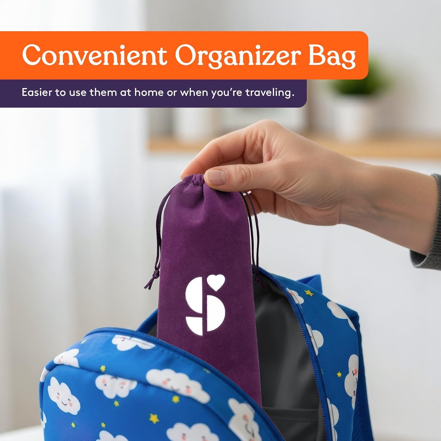 Organizer bag with purple drawstring pouch for an oral motor stimulation kit