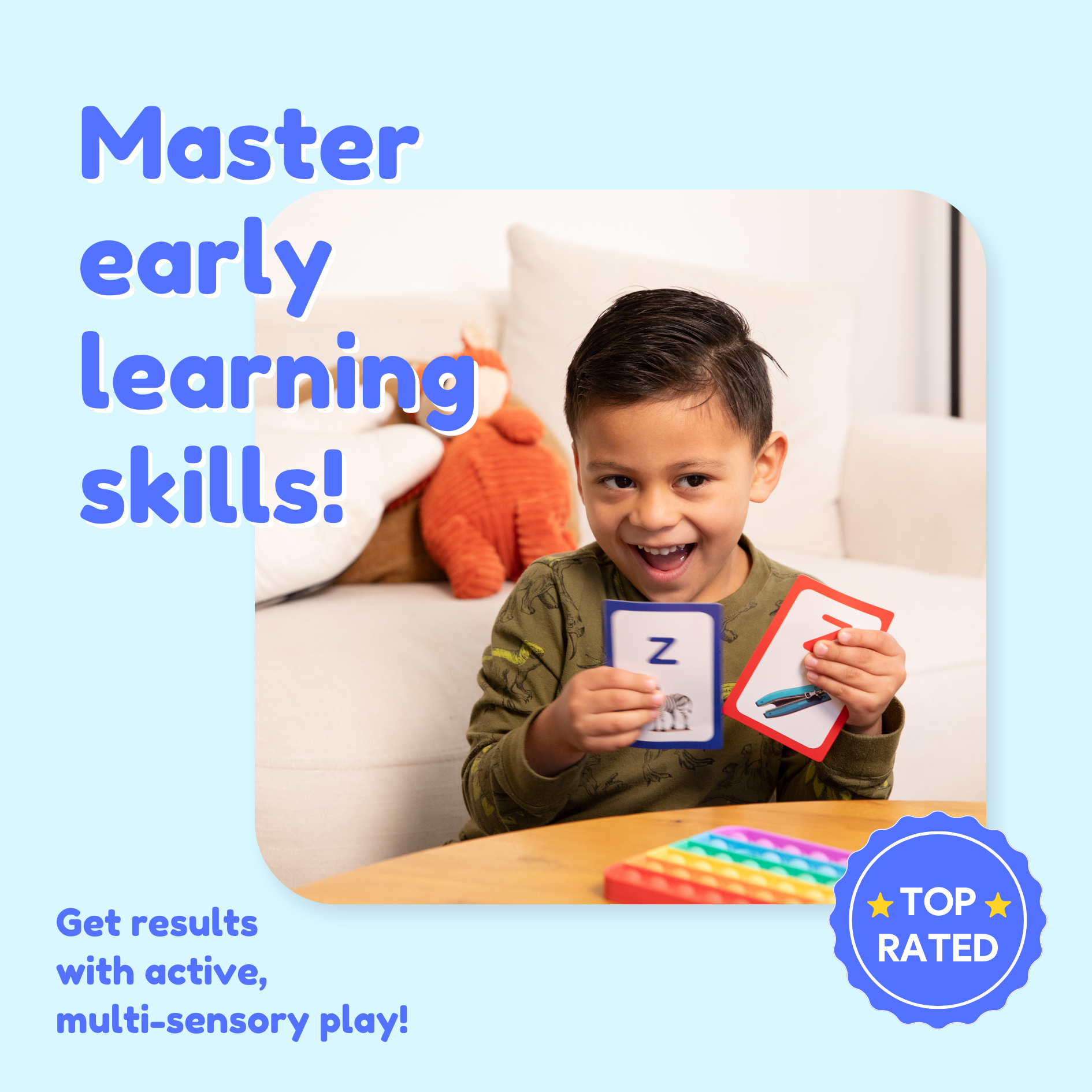 Child playing with alphabet cards from a pre-K fidget learning game set at a table