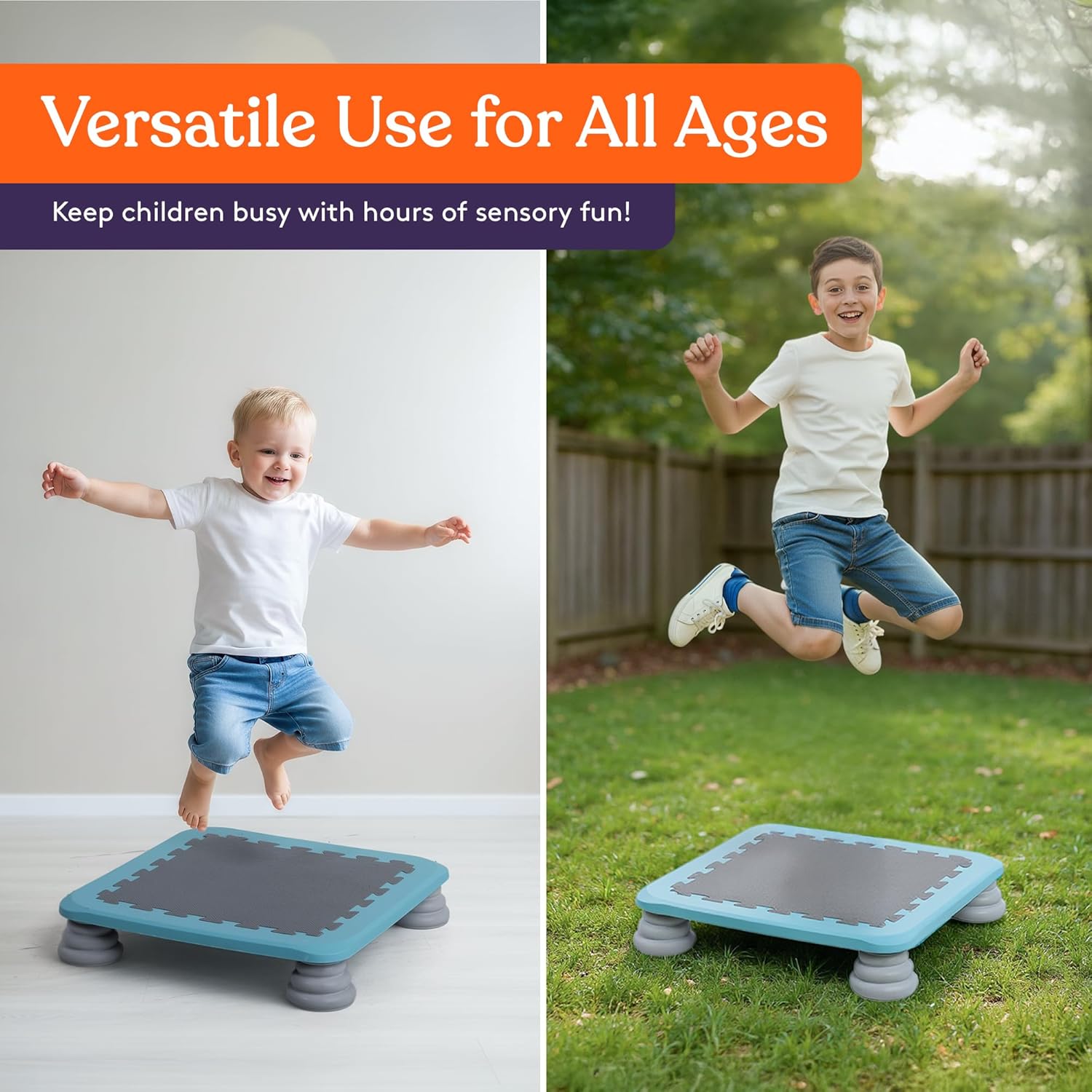 Blue kids trampoline rebounder board with gray interlocking top and four gray spring bases on grass