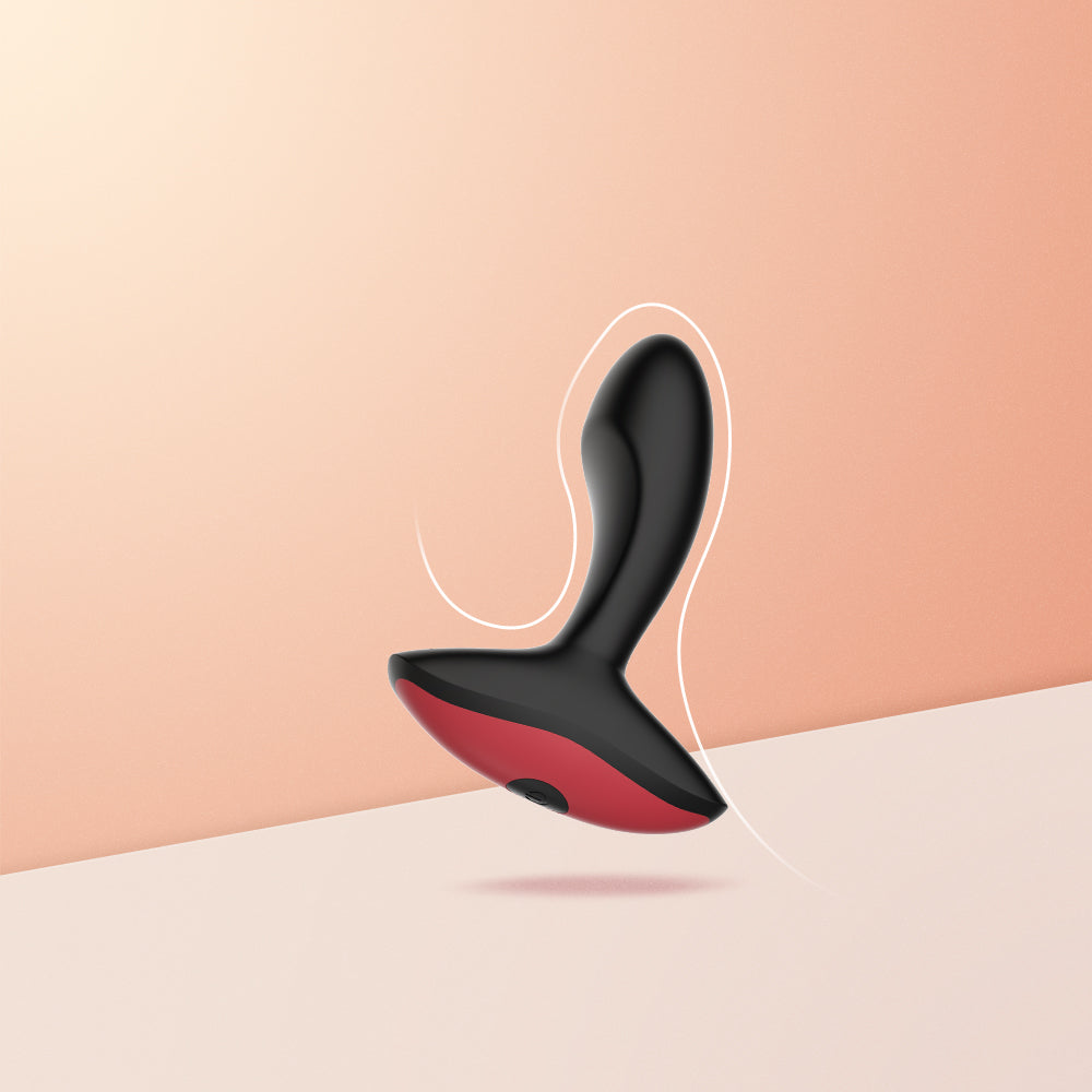 Black silicone anal massager with red underside accent, outline indicator