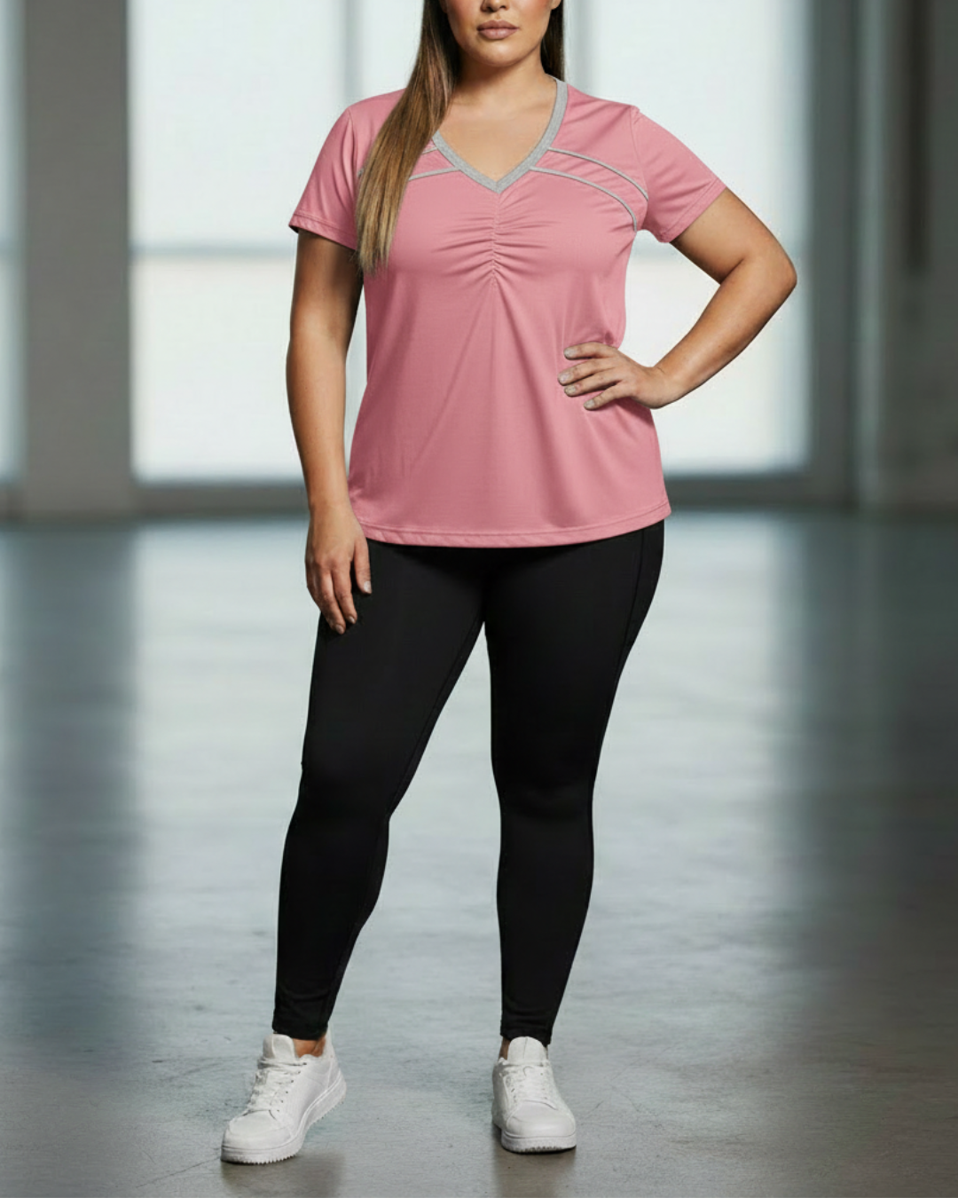Pink sport V-neck tee with gray contrast piping and ruched front