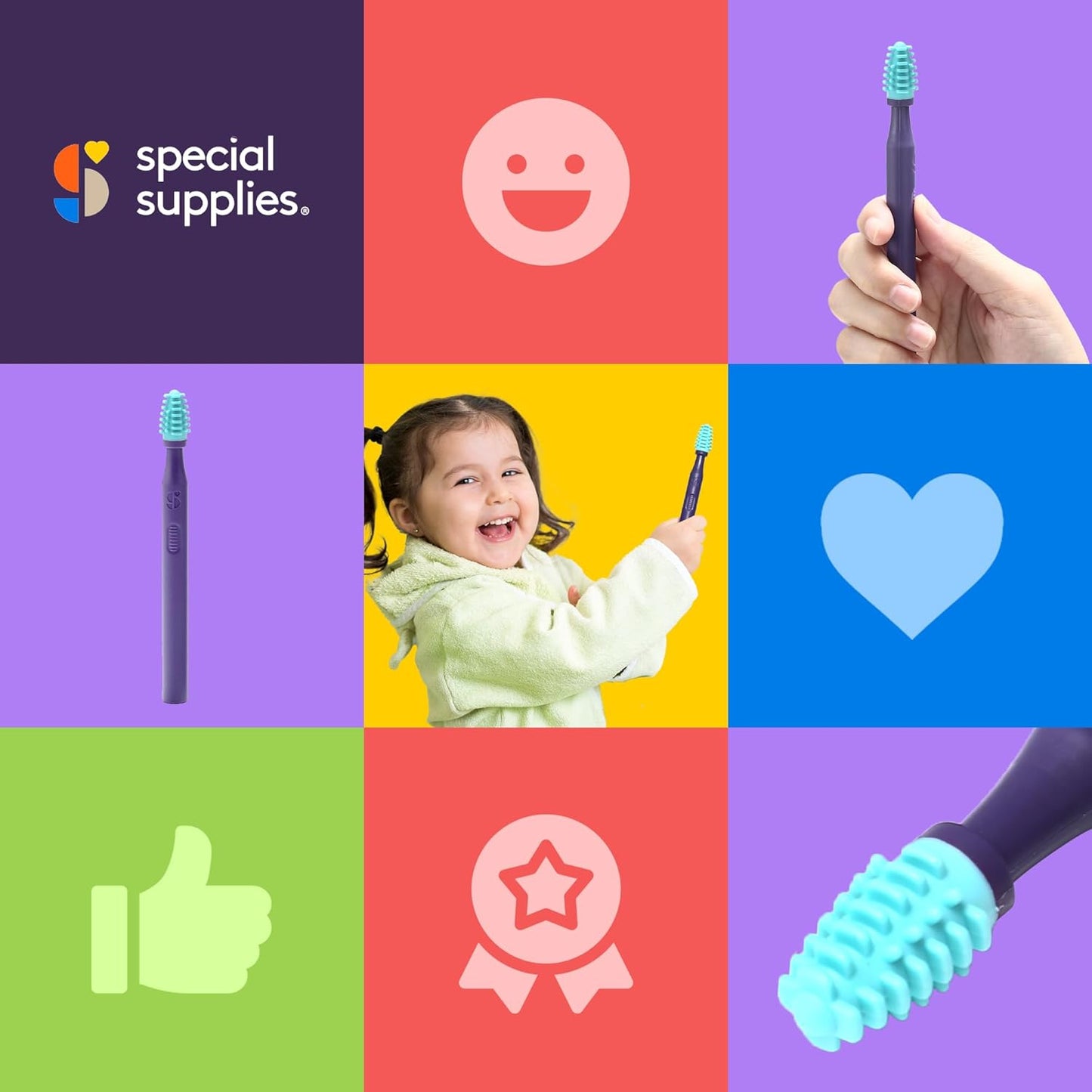 Silicone mouth brush with textured light-blue bristles on a purple handle