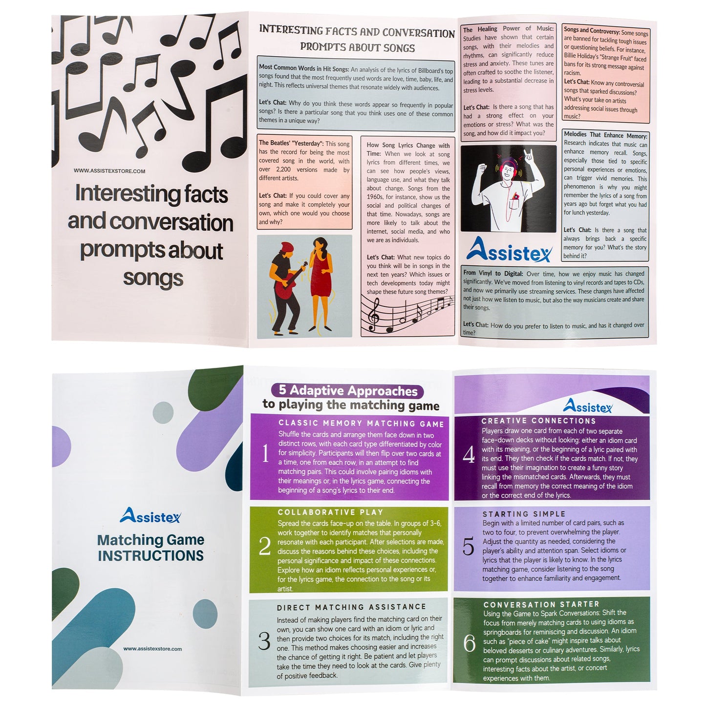 Matching game instruction booklet pages with Assistex branding and activity diagrams