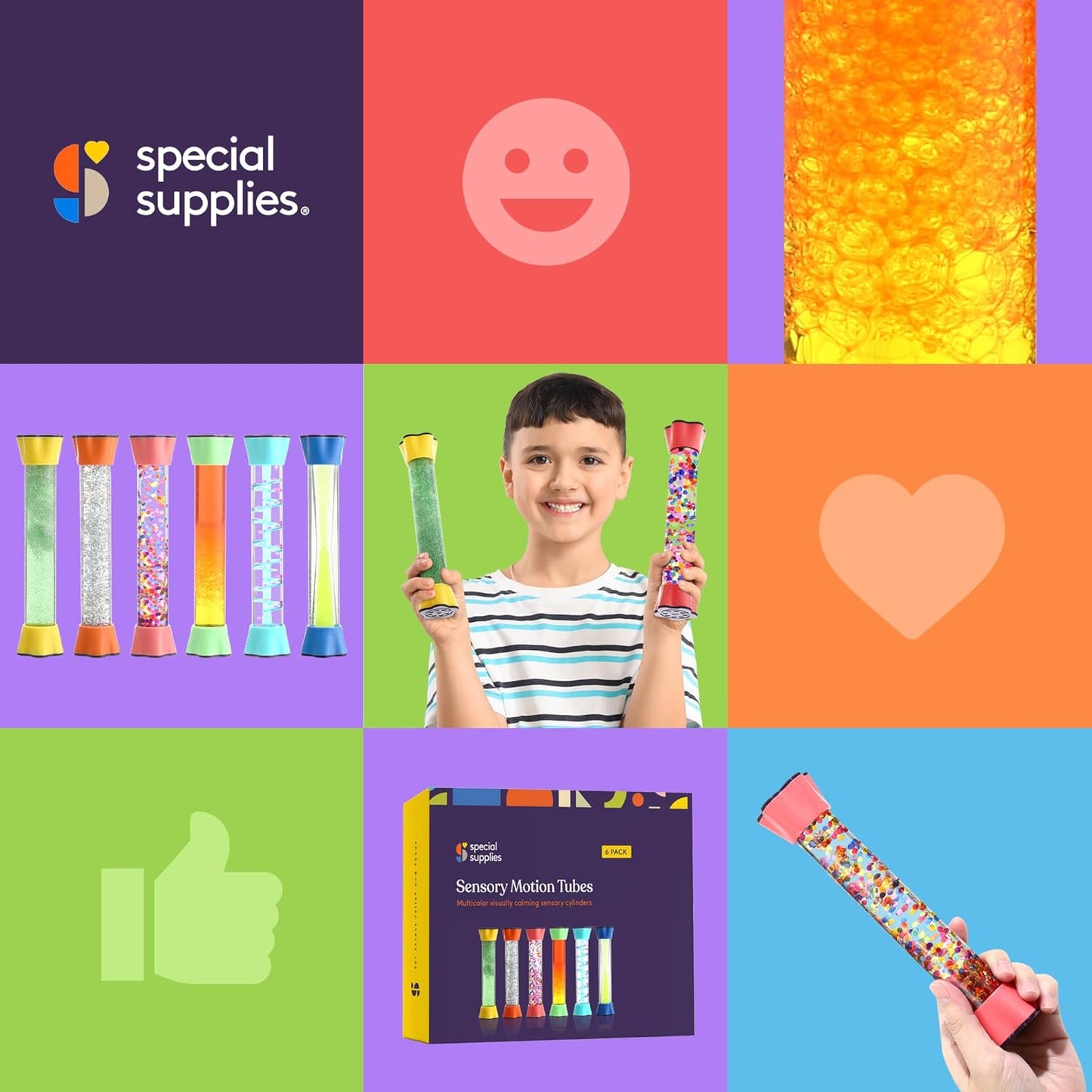 Colorful 6-pack sensory motion tubes with glitter, beads, and liquid chambers