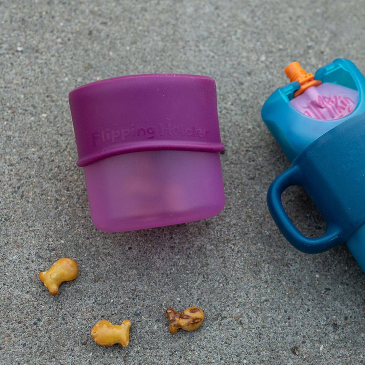Purple flipping snack cup with lid and side carry handle