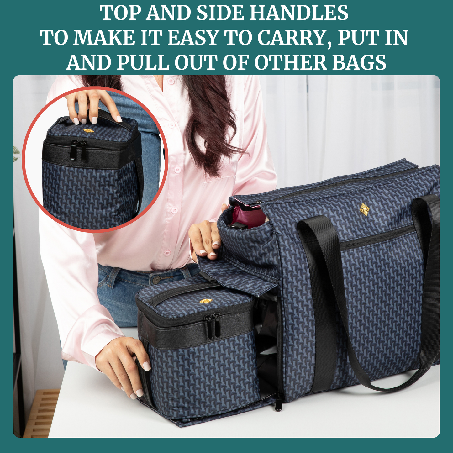 Roxwell breastmilk cooler bag with top handle and side handle; navy patterned body
