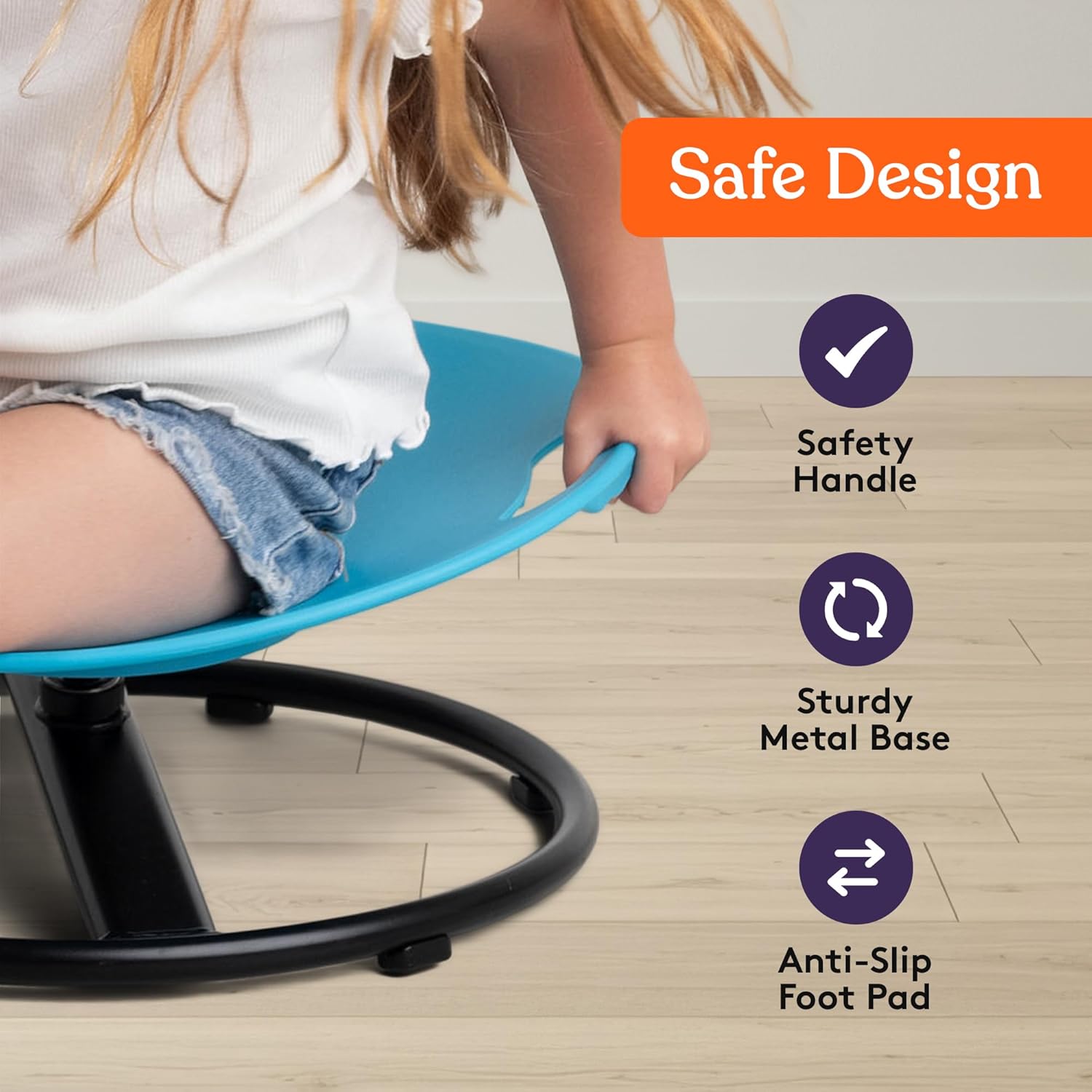 Blue kids spinning chair seat with black metal base and anti-slip foot pads