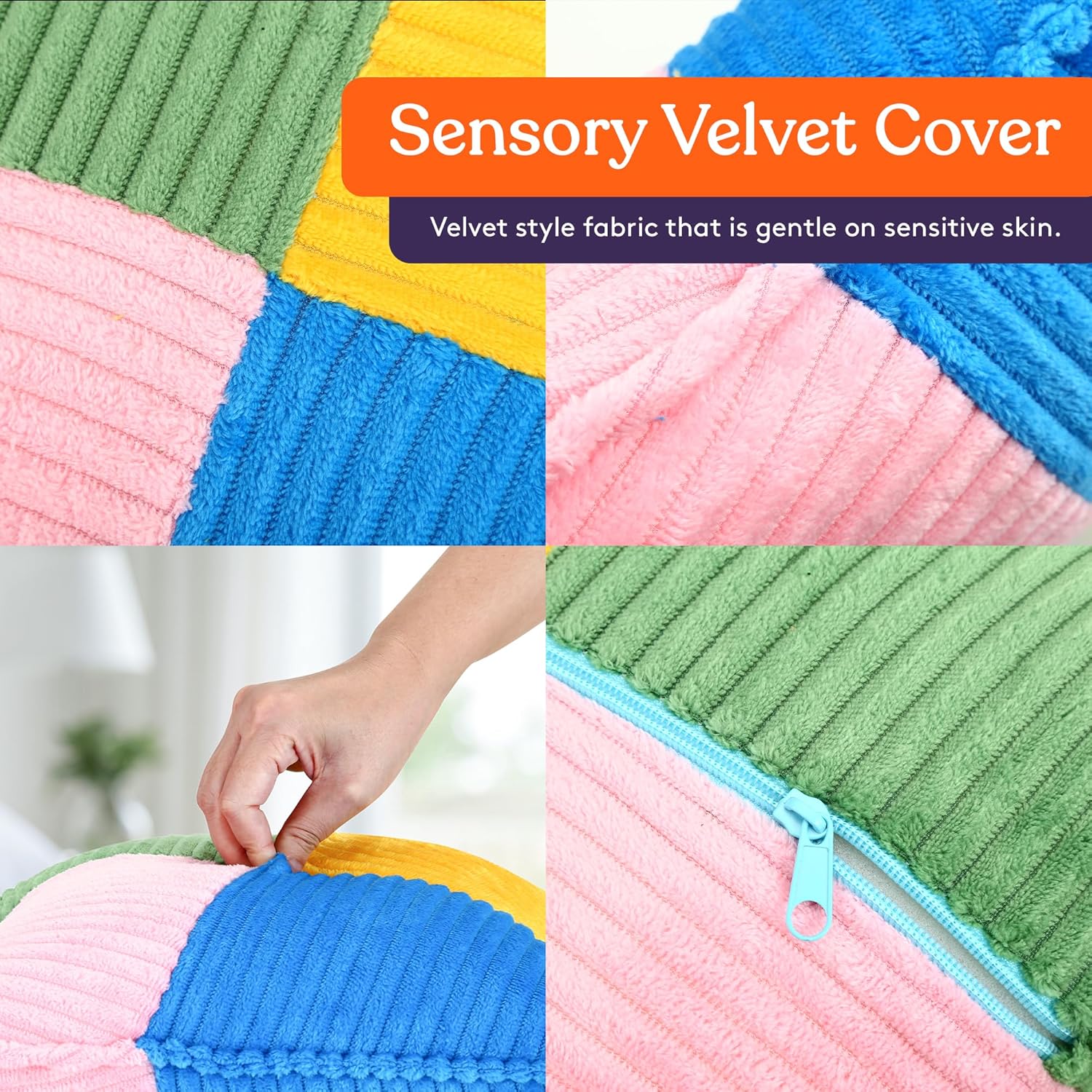 Rainbow velvet-style cover of a sensory vibrating pillow with visible zipper