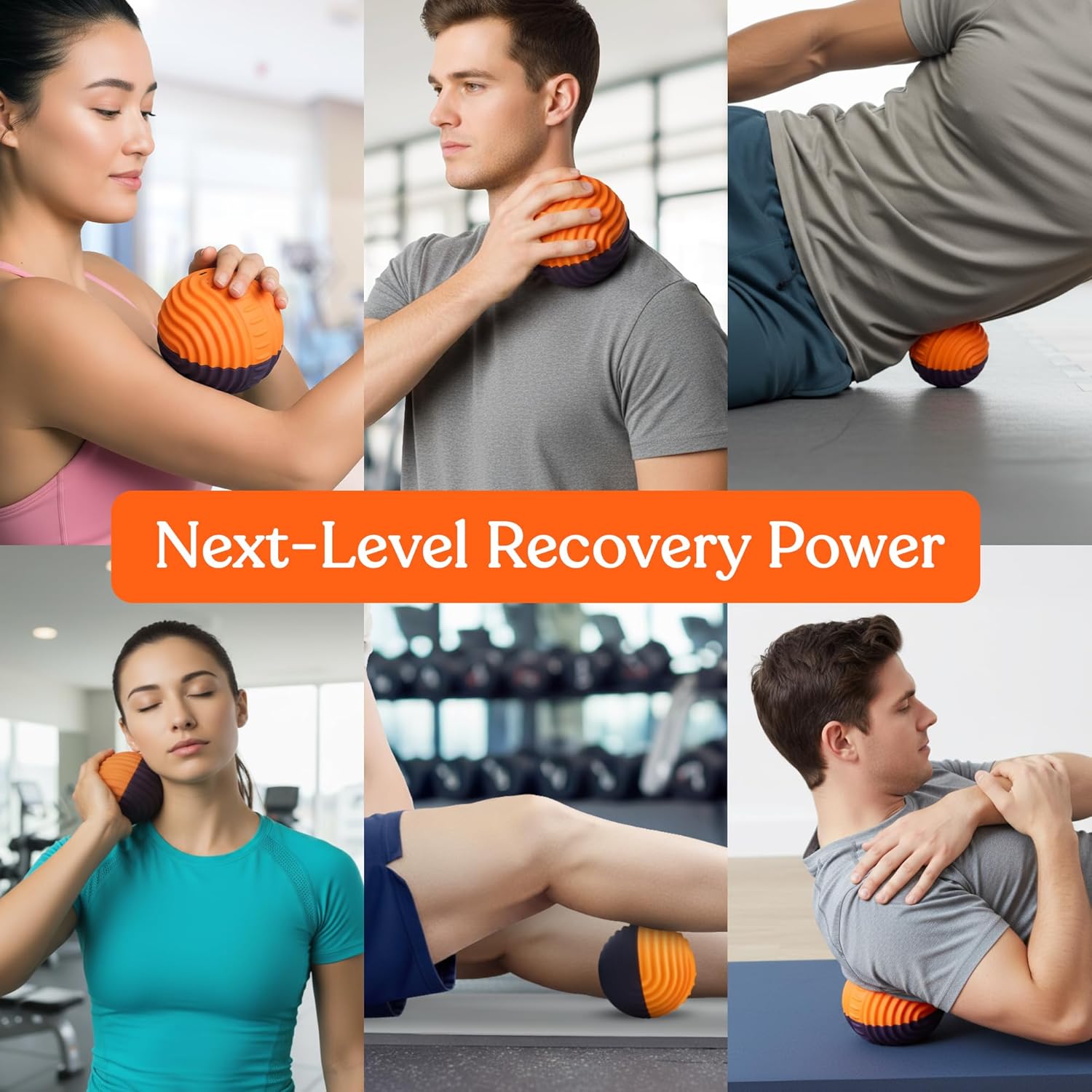 Orange and purple vibration massage ball held against a shoulder