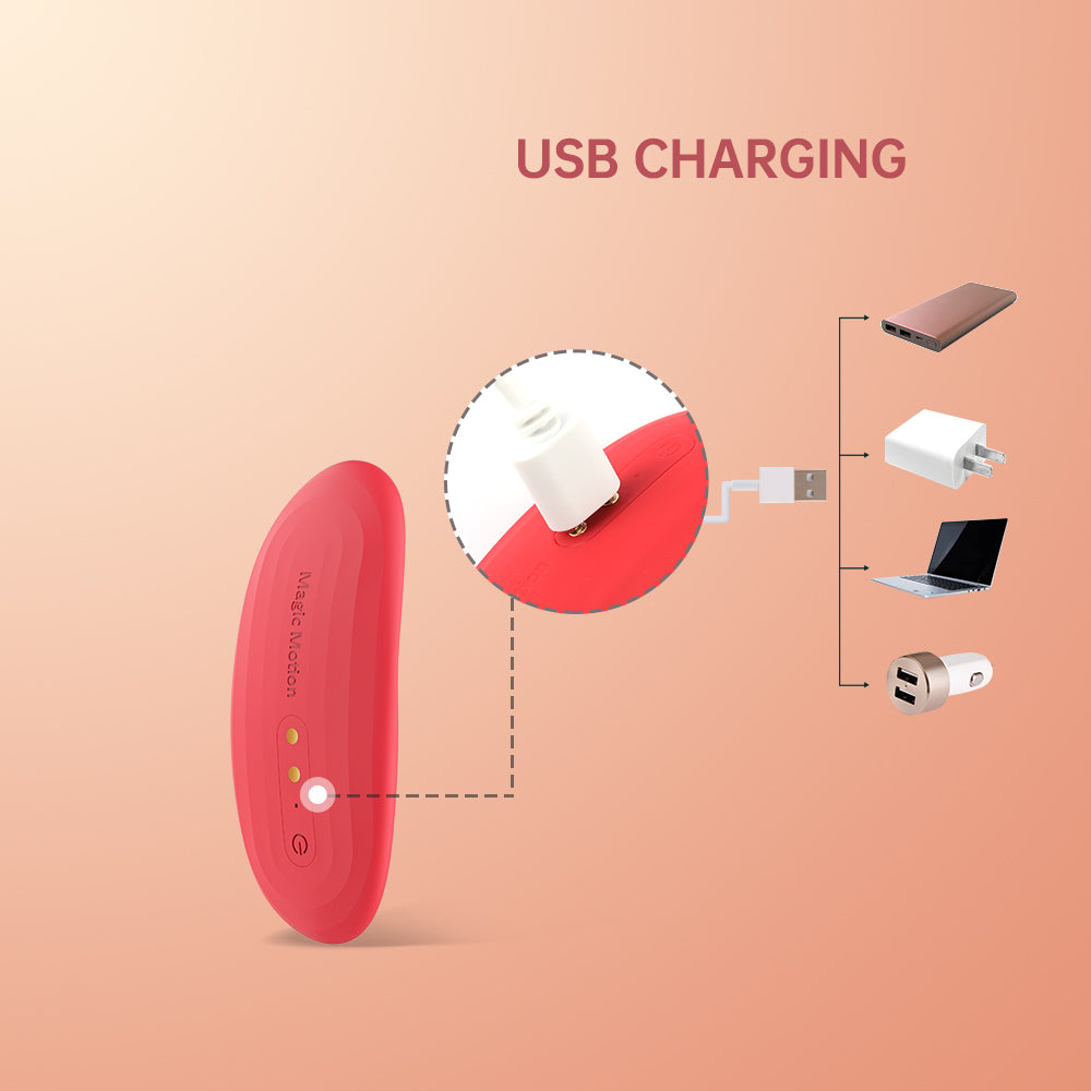 Red oval vibrator controller with USB charging cable and charging setup shown