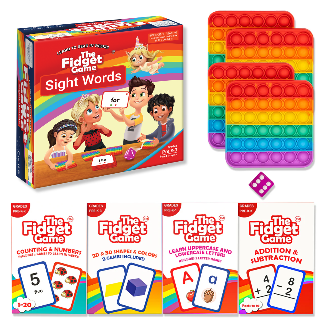 Sight words game box with four rainbow pop-it mats and additional illustrated card packs