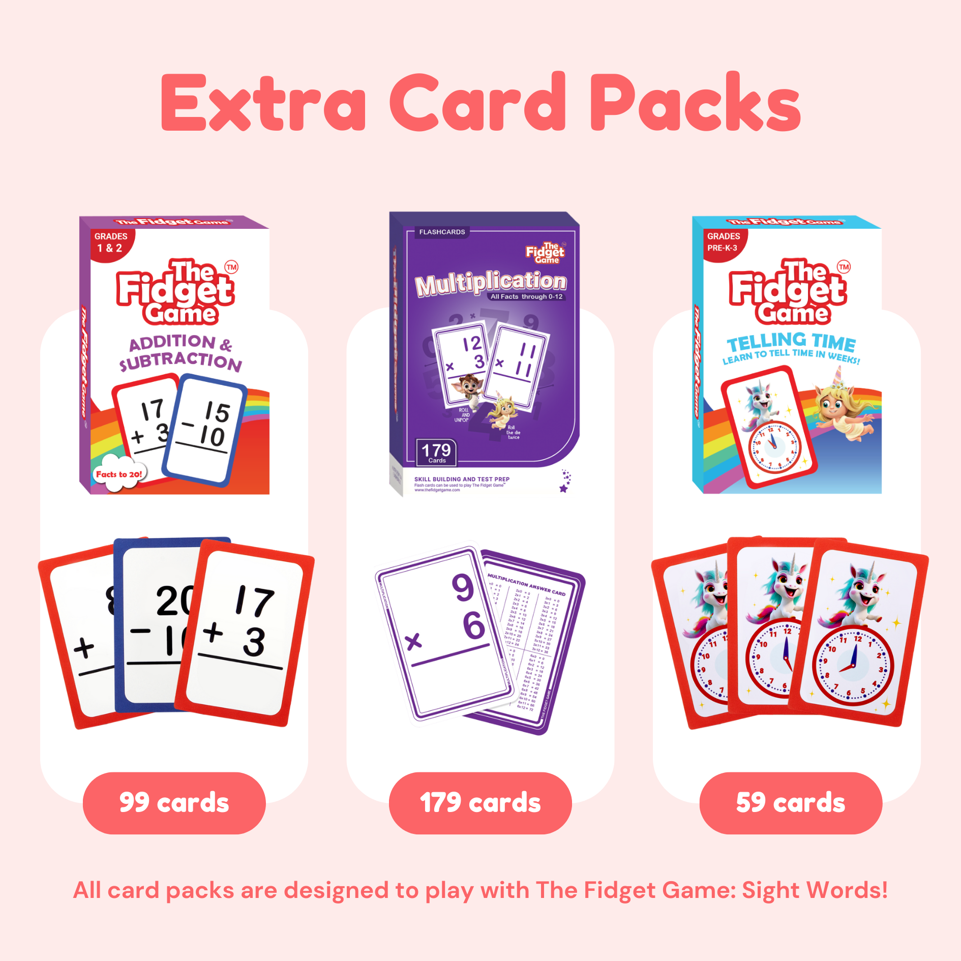 Stacked flashcard accessory packs with colorful card images