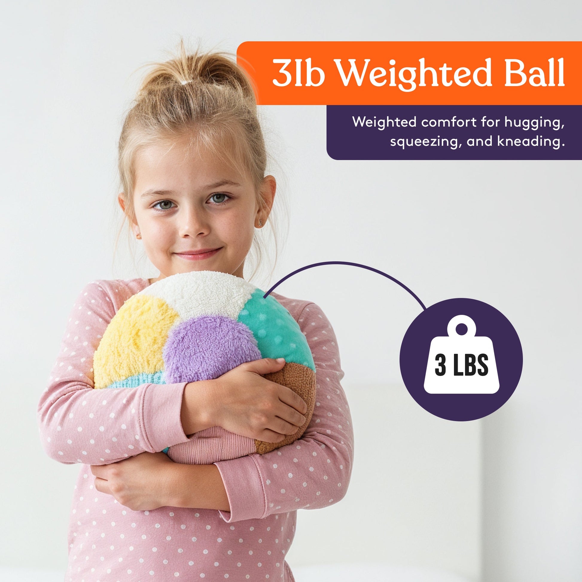 3-lb weighted sensory pillow with multicolor plush panels hugged by child