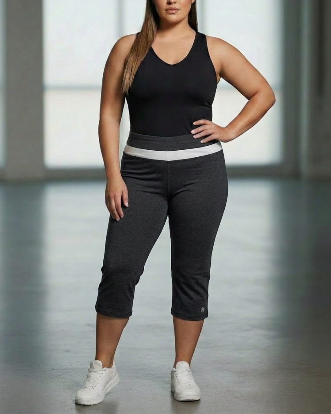 Plus inset capri pants in black with contrast waistband, front view