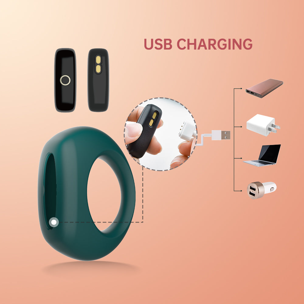 Magic Dante II smart ring with USB charging cable, dark teal silicone band