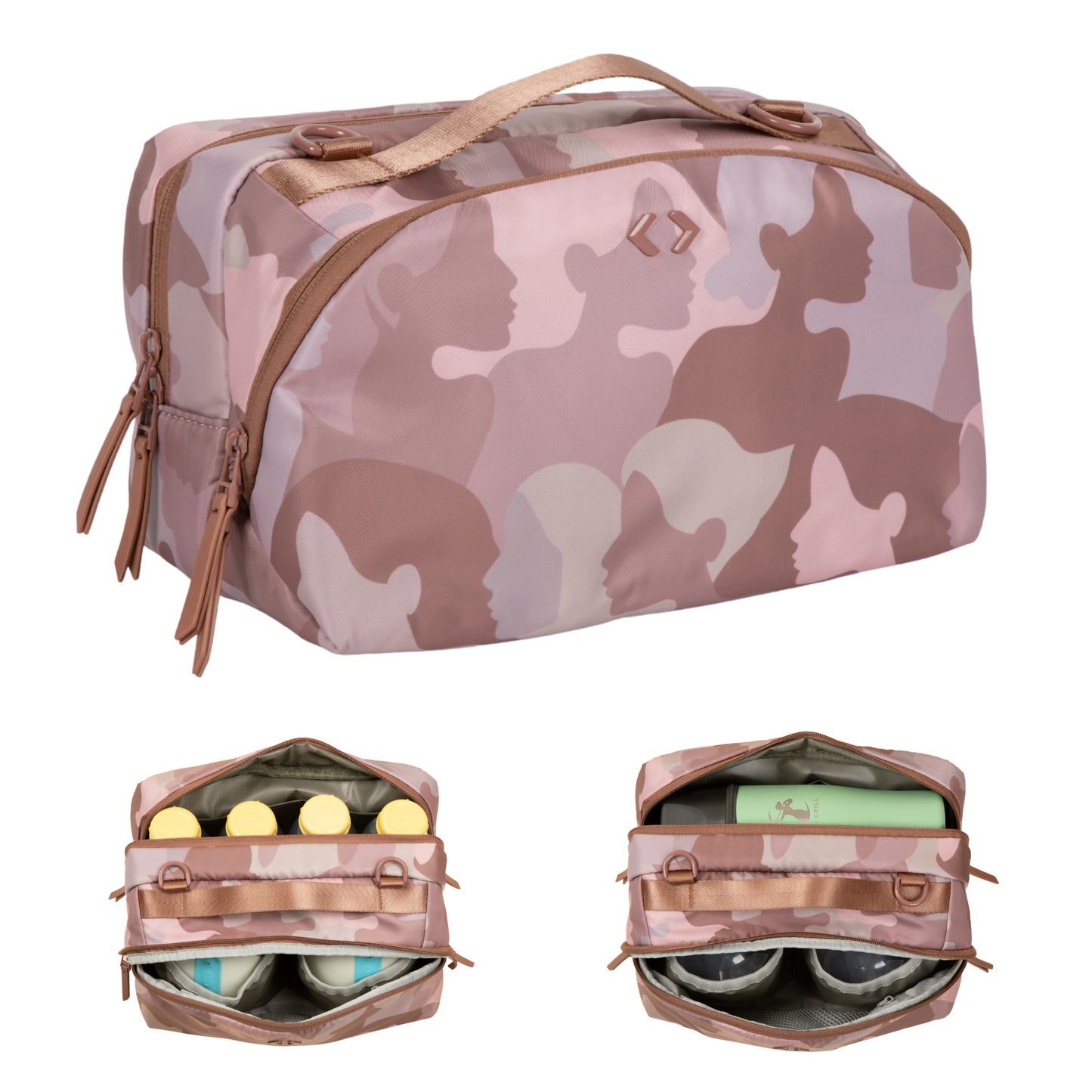 Pink camouflage wearable breast pump cooler bag with tan zipper and open compartments.