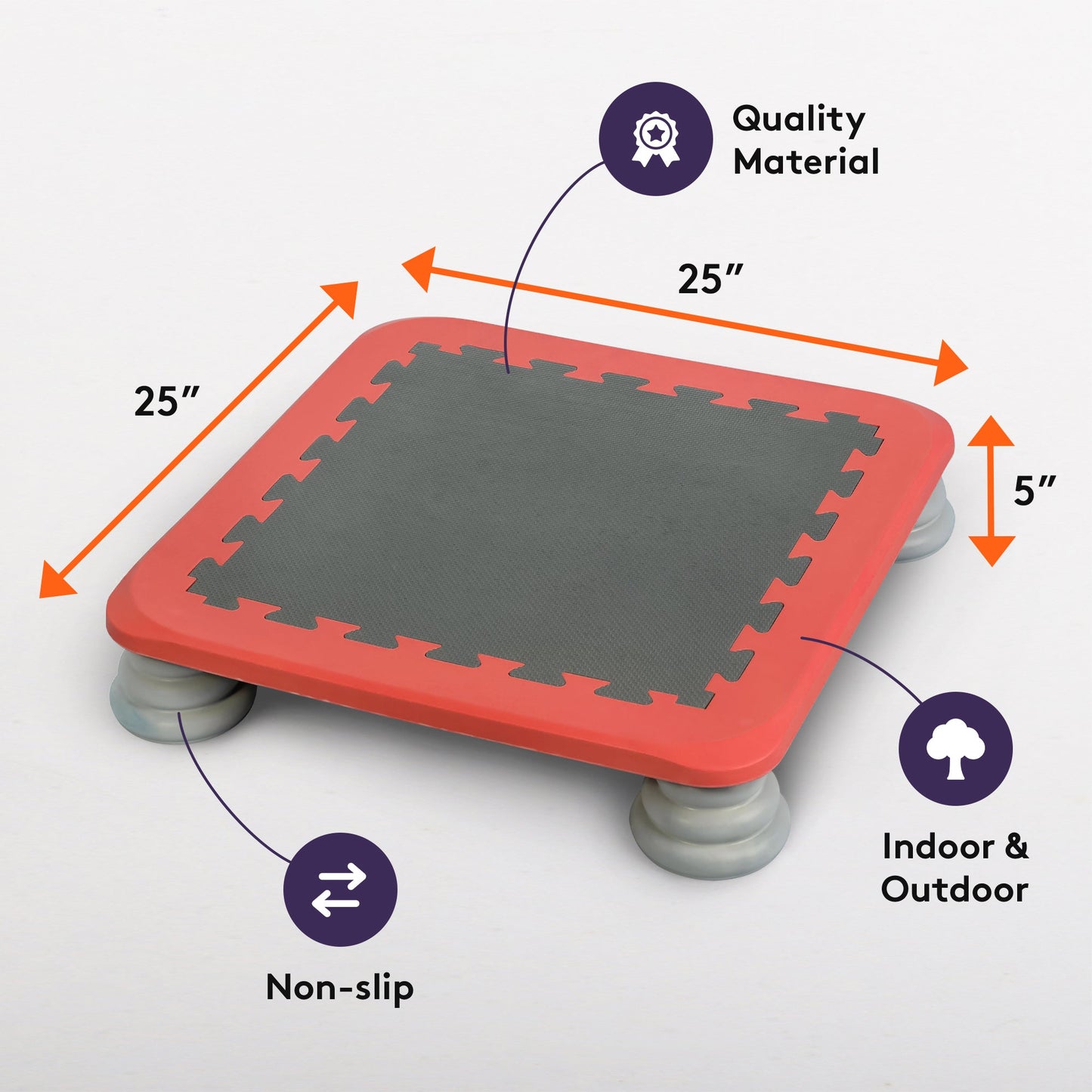 Kids trampoline rebounder bouncing board, red with grey foam spring feet and textured mat