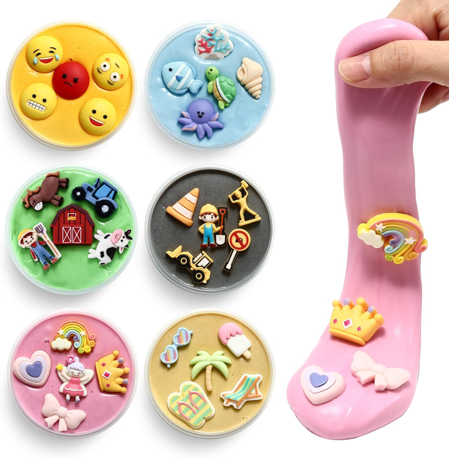 Pink sensory putty strand with a rainbow crown charm, held in a hand.
