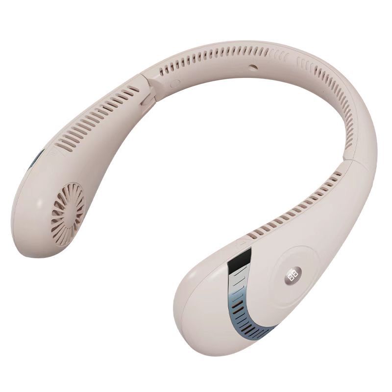 Portable hanging neck fan in light beige with airflow vents and side control panel with display.