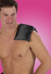Black hot/cold eye pillow resting on shoulder/neck area on a person