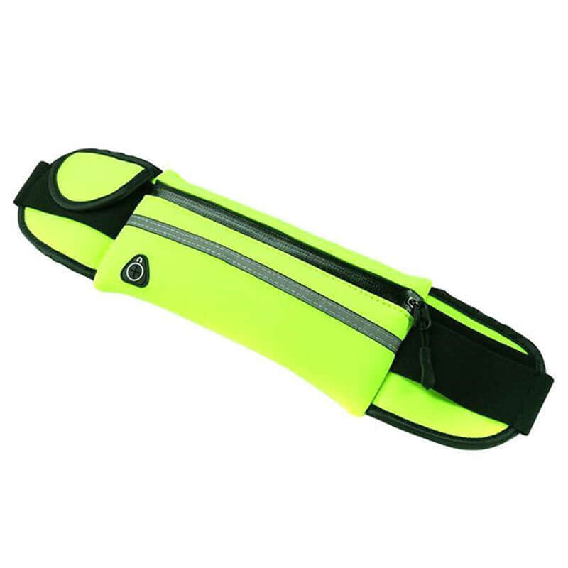 Neon green running belt fanny pack with black straps and zippered front pocket