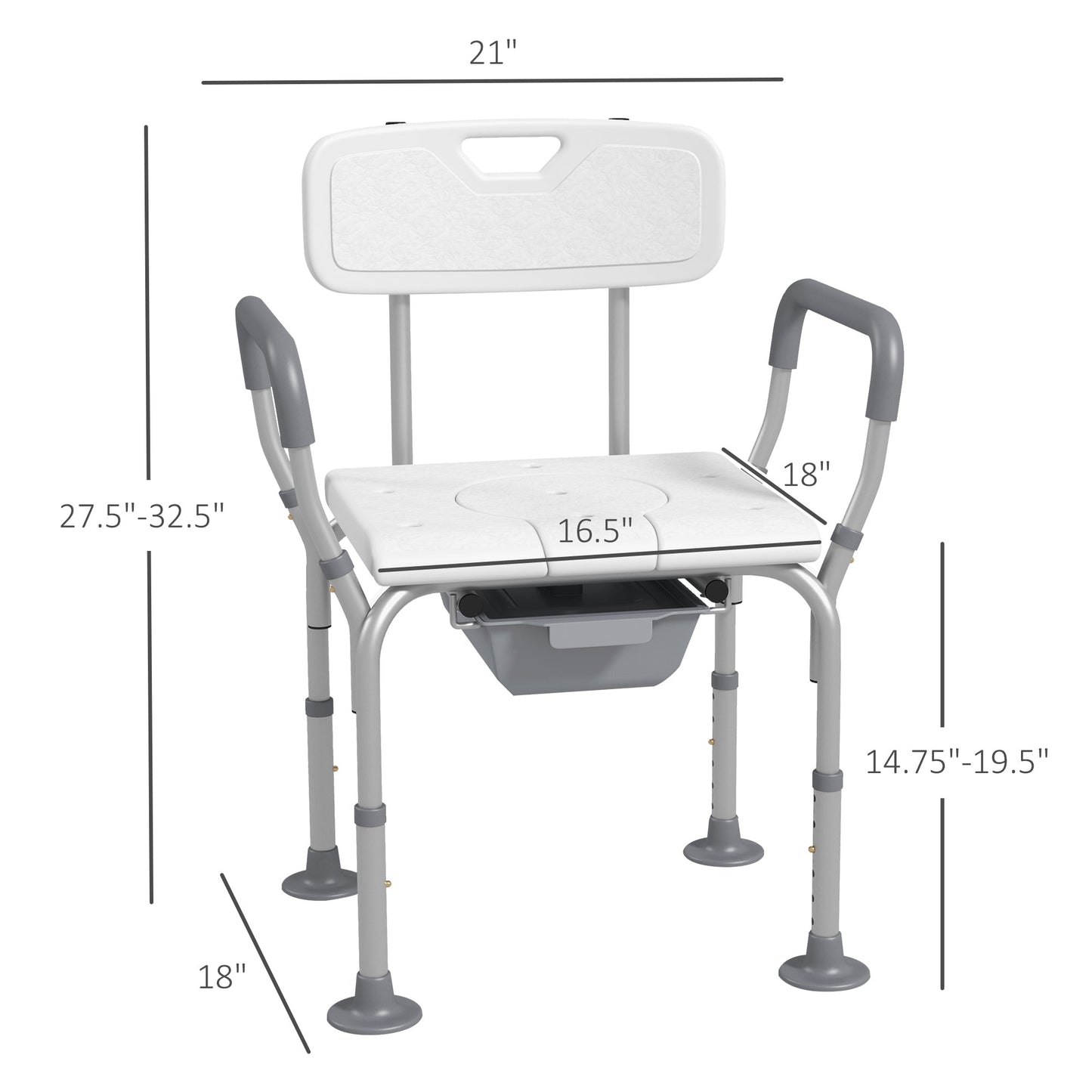 White commode chair with armrests, padded seat, and backrest featuring height-adjustable legs