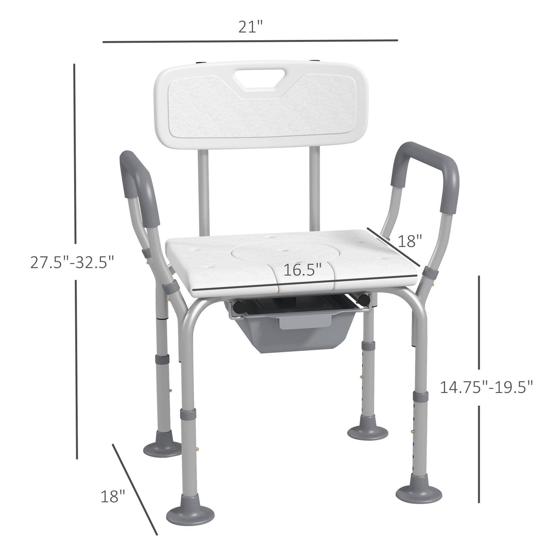 White commode chair with armrests, padded seat, and backrest featuring height-adjustable legs