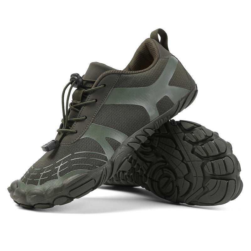 Olive green hiking shoes with lace-up closure and rugged tread outsole, side view