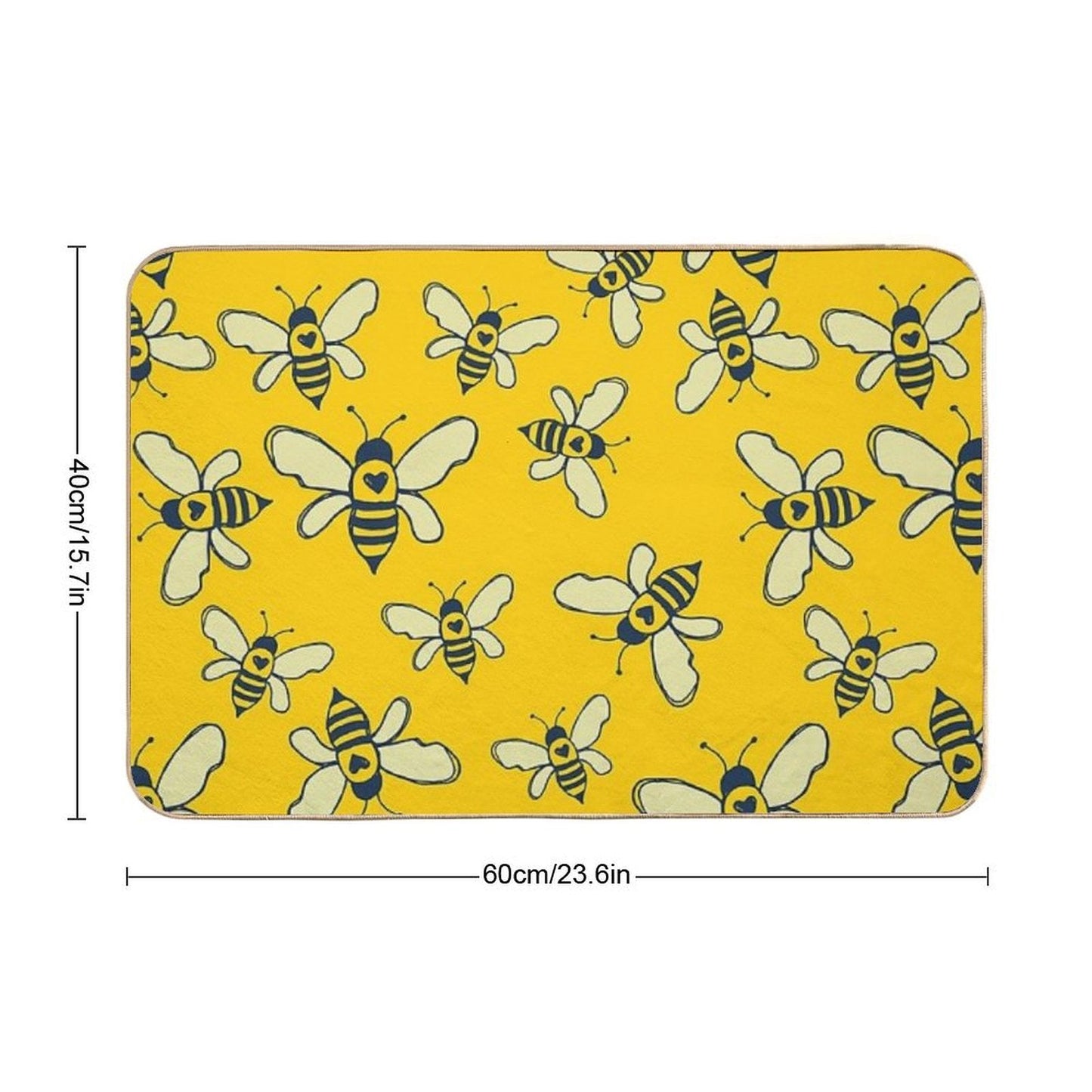 Yellow bath mat with a dense all-over bee print, navy outlines, and rounded corners