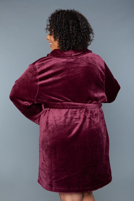 Burgundy plush hooded robe with tie belt and hood, back view