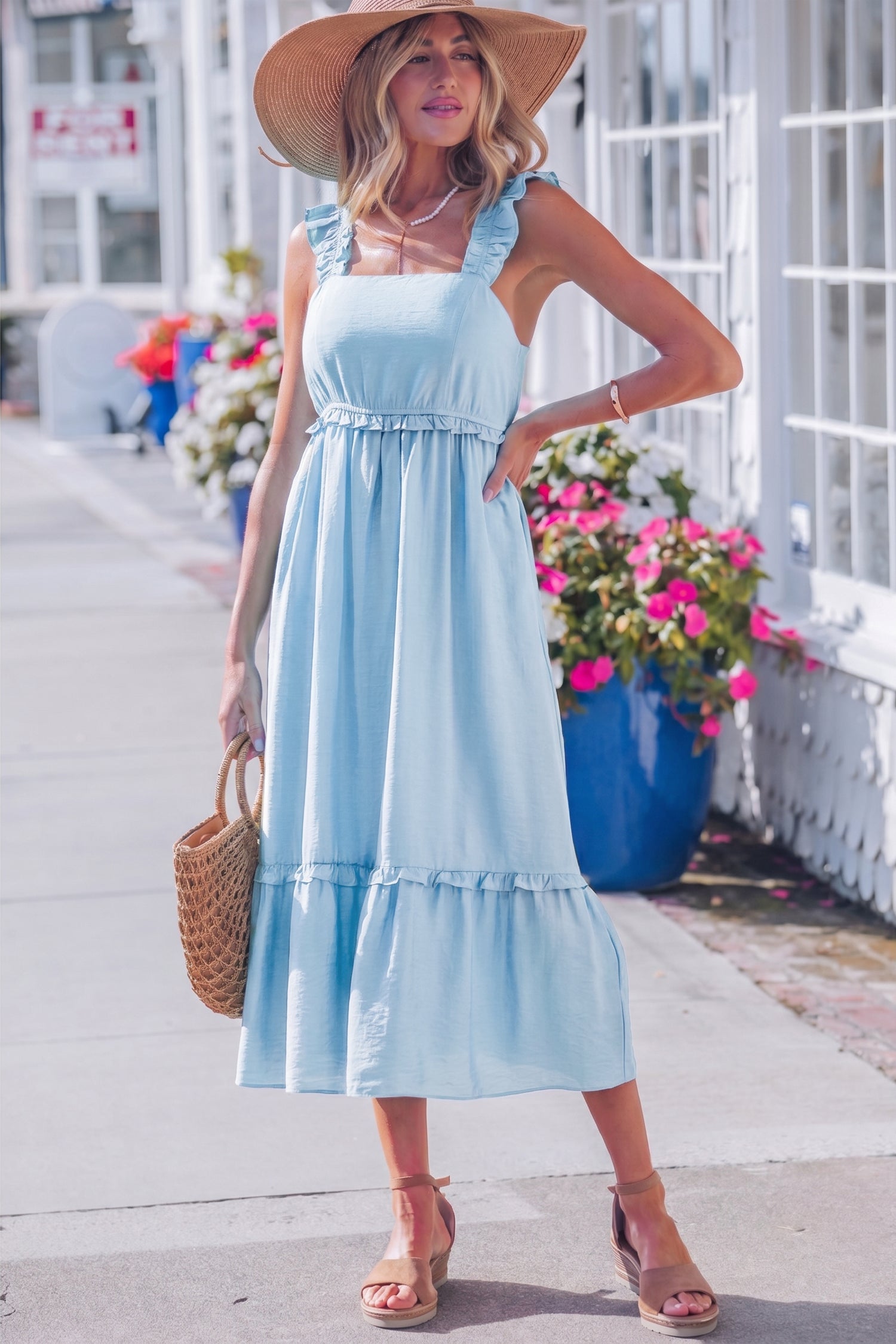 Beau Blue sleeveless tiered maxi dress with smocked waist and ruffle strap details