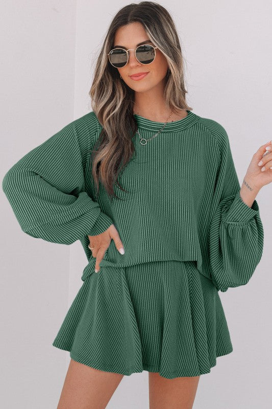 Corded top and ruffle mini skirt set in mist green striped knit, long sleeves