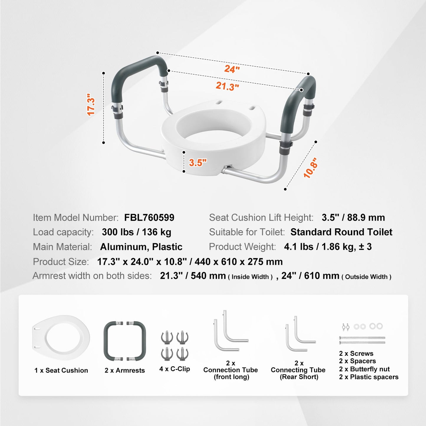 Raised toilet seat with white body and gray padded armrests on curved handrails