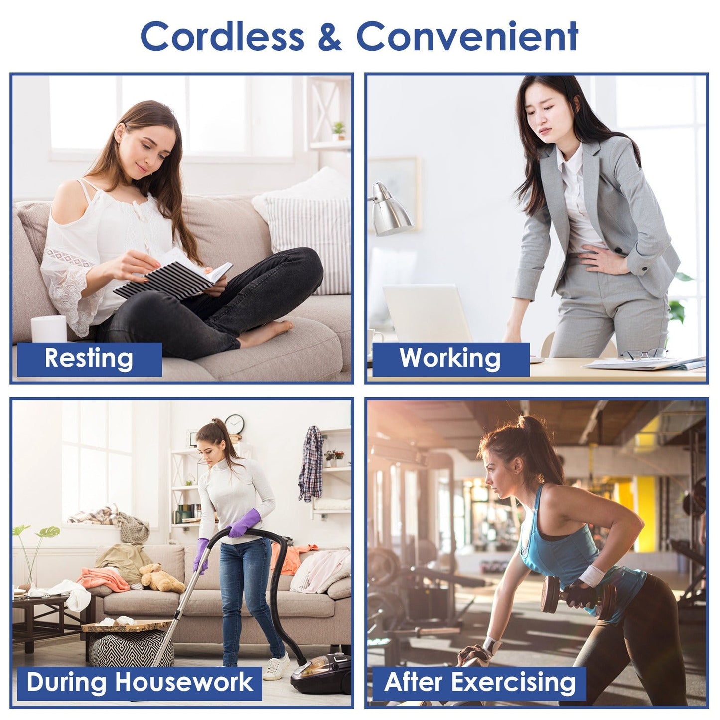 Lower back heating massage belt worn for daily use; dark pad with control module on side