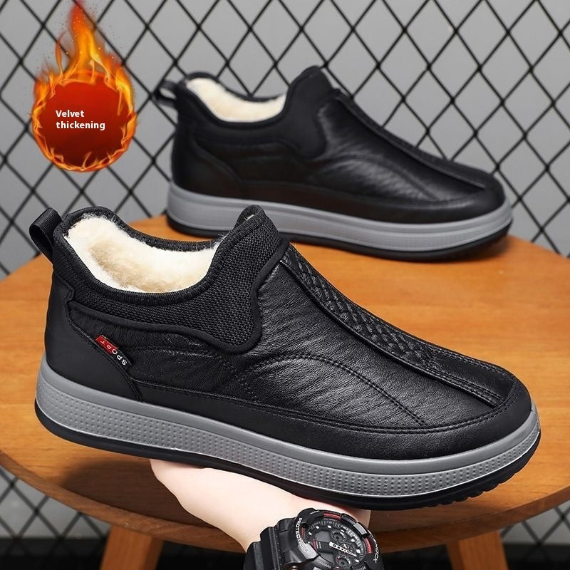 Black slip-on ankle boots with fleece lining and thick textured platform sole